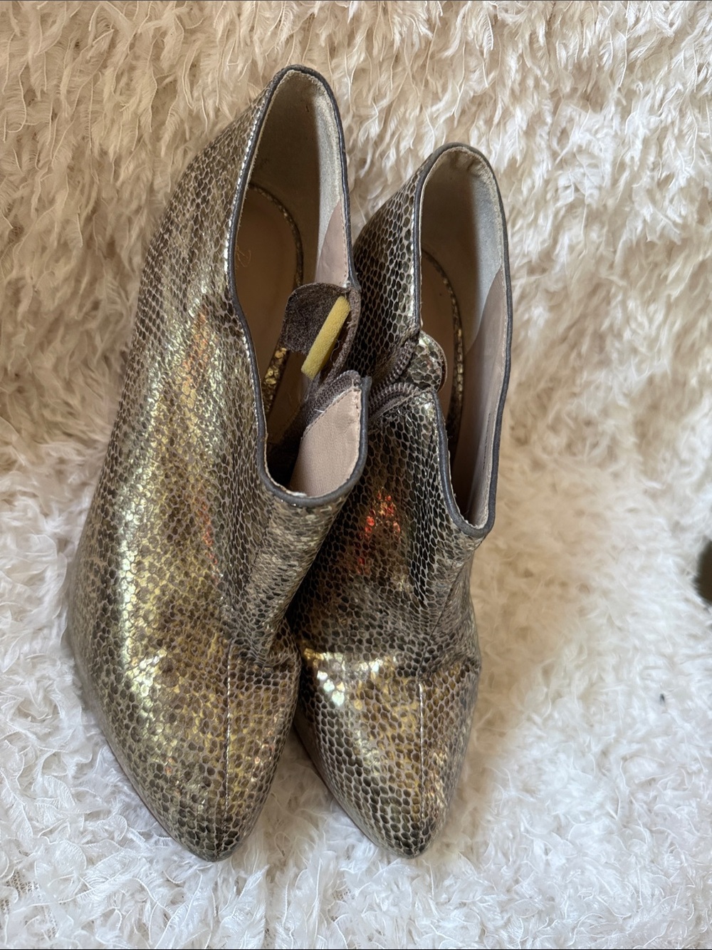 POUR La VICTOIRE Metallic Snake-Print Ankle Booties in Gold
